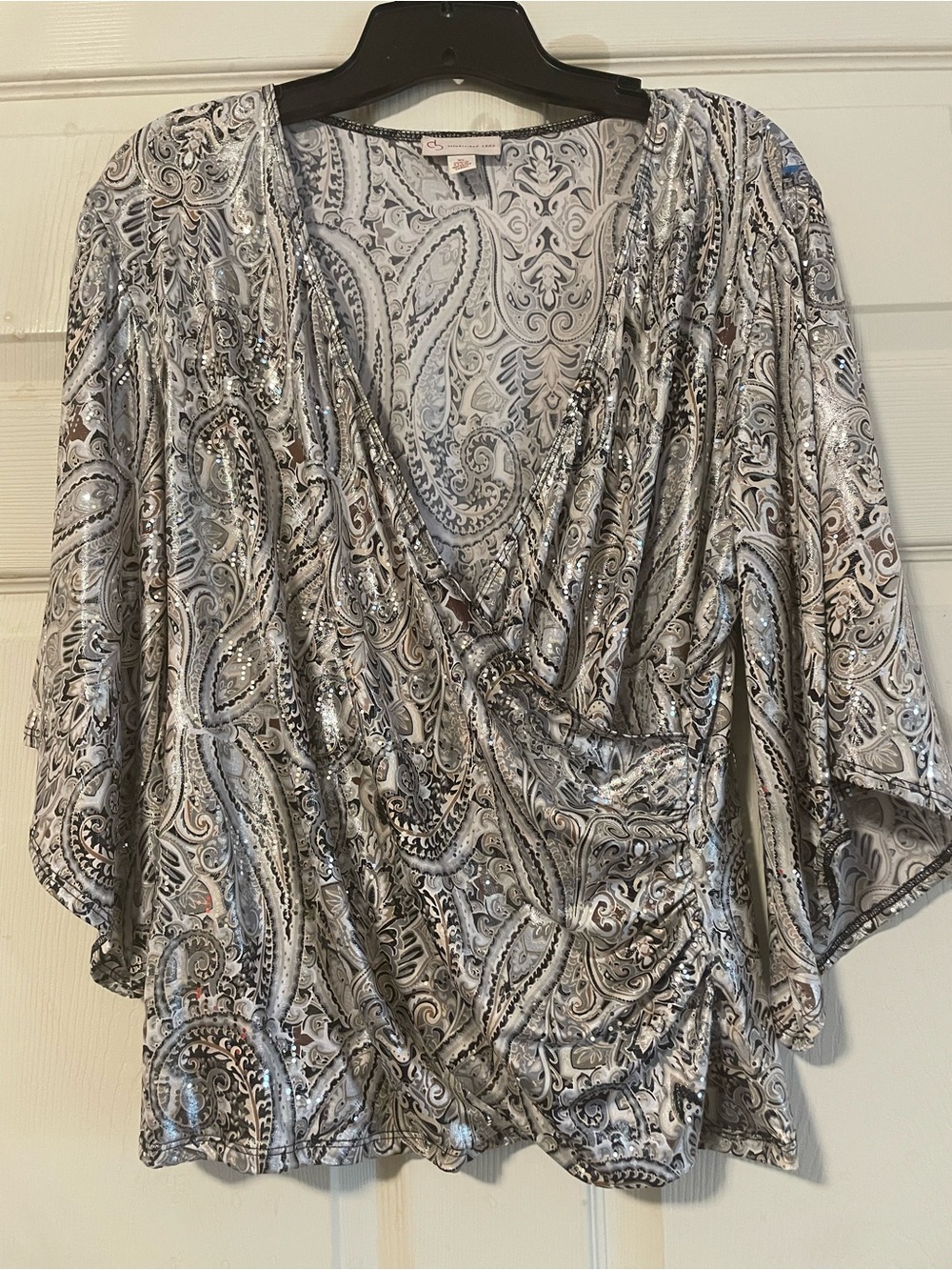 Db Established 1962 Women’s Formal Silver Grey Faux-Wrap Bell Sleeve Blouse XL